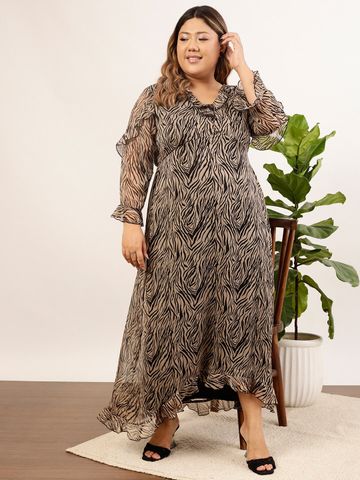 CURVY STREET Plus Size Black Abstract Printed Ruffled Chiffon Maxi Dress