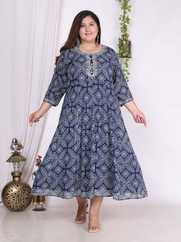 Swasti Plus Size Bandhani Printed Embroidered Maxi Gown