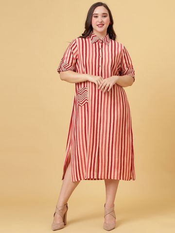Curvy Lane Plus Size Striped Roll-Up Sleeves Midi Shirt Dress