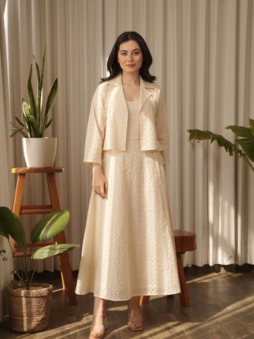 OneWe Self Design Shirt Collar Cotton Schiffli Work Fit & Flare Midi Dress With Jacket