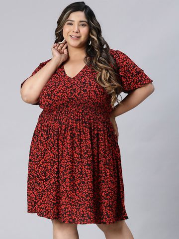 Oxolloxo Plus Size Floral Printed V-Neck Flared Sleeves Fit & Flare Dress