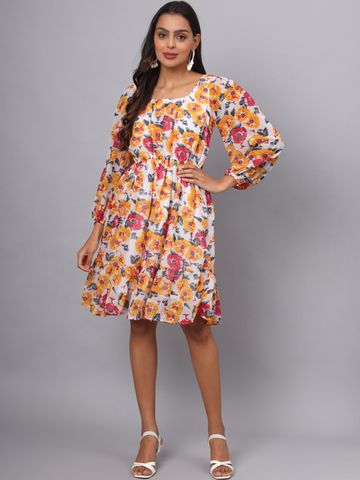 BRINNS Floral Print Puff Sleeve Georgette A-Line Dress