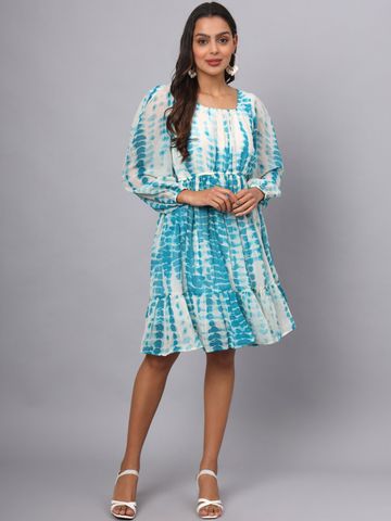BRINNS Tie and Dye Puff Sleeve Georgette A-Line Holi Dress