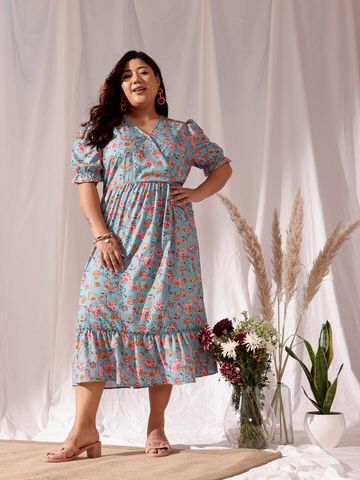 CURVY STREET Blue Floral Printed V-Neck Flared Fit & Flare Midi Dress