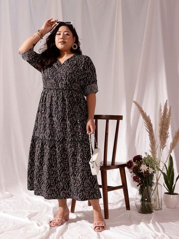 CURVY STREET Black Ethnic Motifs Printed V-Neck Flared A-Line Midi Dress