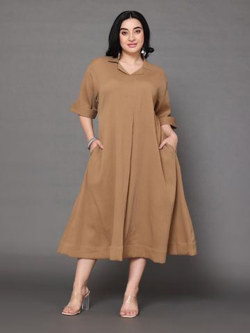 Sztori Plus Size Shirt Collar Crepe A-Line Midi Dress