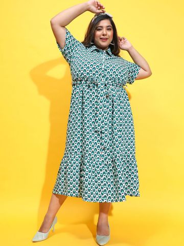 Oxolloxo Plus Size Printed Shirt Midi Dress