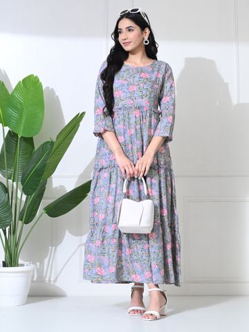 SILAKIVA Floral Printed Round Neck Tierd Pure Cotton Maternity Dress