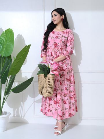 SILAKIVA Women Floral Printed Round Neck Tierd Pure Cotton Anarkali Maternity Kurta