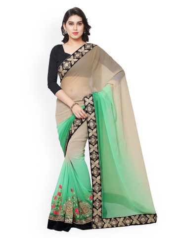Kalista Beige & Green Embroidered Chiffon Embellished Saree Kalista Beige & Green Embroidered Chiffon Embellished Saree