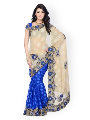 Colors Beige & Blue Embroidered Jacquard Fashion Saree Colors Beige & Blue Embroidered Jacquard Fashion Saree