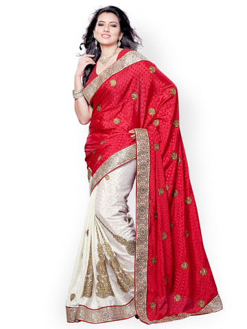 Colors Red & White Embroidered Jacquard Fashion Saree