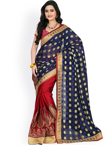 Colors Blue & Red Chiffon Jacquard Embroidered Saree Colors Blue & Red Chiffon Jacquard Embroidered Saree
