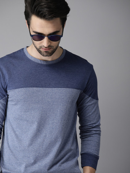 Campus Sutra Men Blue Colourblocked Cotton Pure Cotton T-shirt