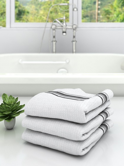 Athom Trendz Unisex Set Of 3 White & Grey Self Design 210 GSM Premium Bath Towels