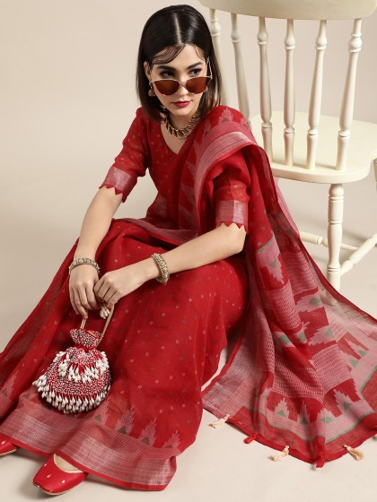 Saree Mall Blazing Red Linen Blend Saree