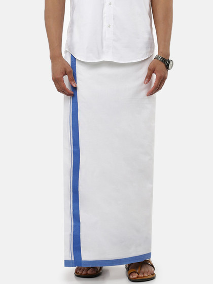 RAMRAJ COTTON Men White Solid Pure Cotton Dhoti With Blue Border