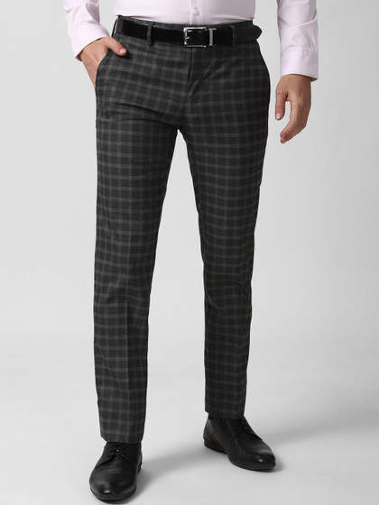 Peter England Men Grey Checked Slim Fit Formal Trousers