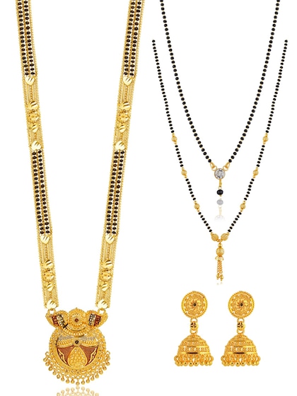 Brandsoon Set Of 3 Gold-Plated Black & White Stone-Studded & Beaded Mangalsutra With Earrings