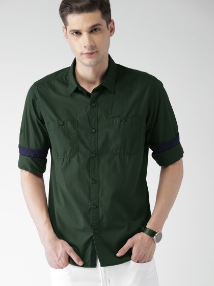 HIGHLANDER Men Dark Green Slim Fit Casual Shirt