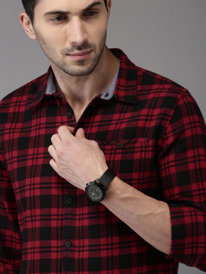 HERE&NOW Men Red & Black Checked Pure Cotton Casual Shirt