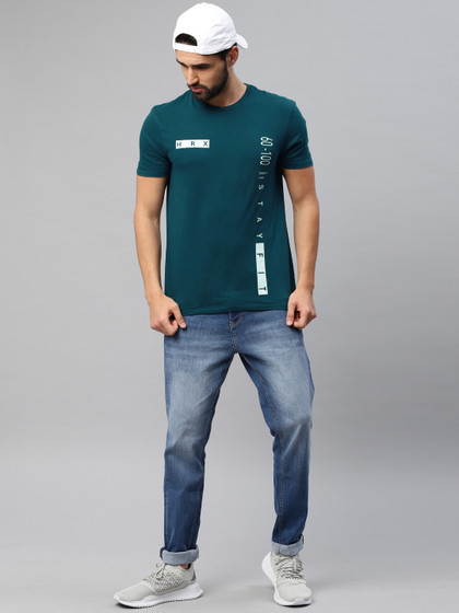HRX by Hrithik Roshan Men Teal Blue Printed Athleisure Cotton Pure Cotton T-shirt