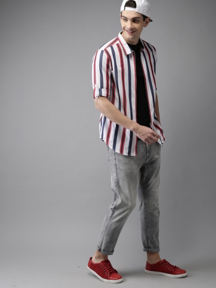 HERE&NOW Men White & Red Striped Pure Cotton Casual Shirt