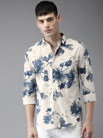 Bene Kleed Men Off-White & Blue Slim Fit Printed Casual Shirt