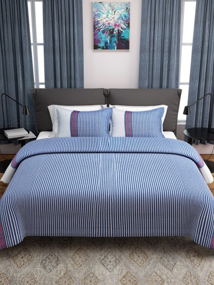 ROMEE Blue & White Cotton Striped Double Bed Cover