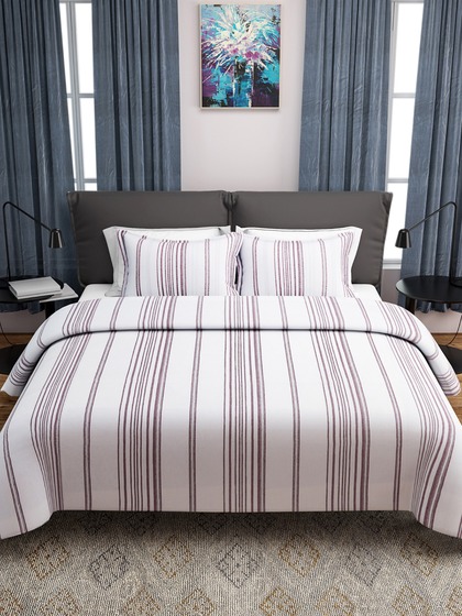 ROMEE Maroon & White Striped Double Bed Cover with 2 Pillow Covers