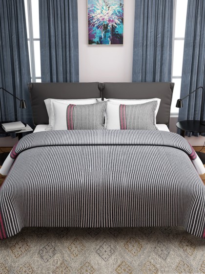 ROMEE Black & White Cotton Striped Double Bed Cover
