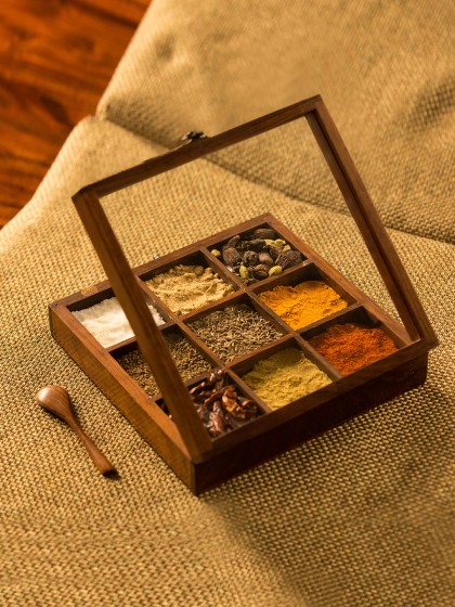 ExclusiveLane Brown Handcrafted Sheesham Wood Spice Box With Spoon