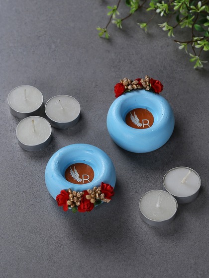 Resonance Set of 2 Blue Tea Light Candle Holder with 5 White Tealights