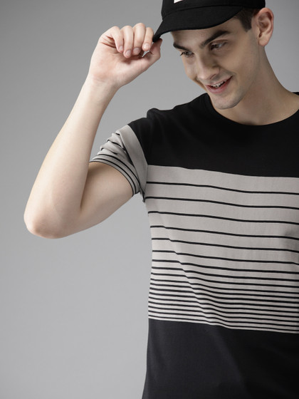 HERENOW Men Black  Grey Striped Cotton Pure Cotton T-shirt
