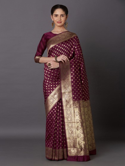 Mitera Magenta & Gold-Toned Silk Blend Woven Design Kanjeevaram Saree