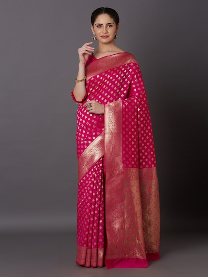 Mitera Pink & Gold-Toned Silk Blend Woven Design Kanjeevaram Saree