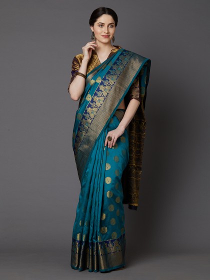 Mitera Teal Blue & Gold-Toned Silk Blend Woven Design Banarasi Saree