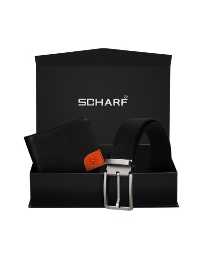 SCHARF Men Black Genuine Leather Formal Belt & Wallet Gift Set
