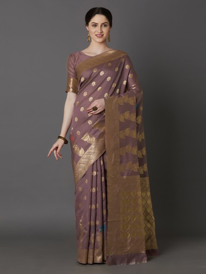 Mitera Brown & Gold-Toned Silk Blend Woven Design Kanjeevaram Saree