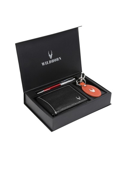WildHorn Men Black & Orange RFID Protected Genuine Leather Wallet & Pen Accessory Gift Set