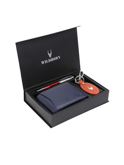 WildHorn Men Blue & Orange RFID Protected Genuine Leather Wallet & Pen Accessory Gift Set