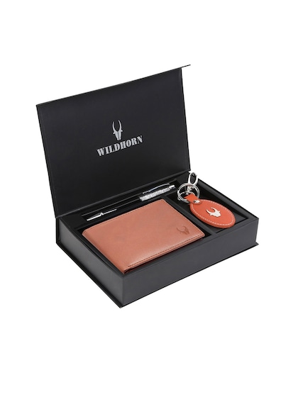 WildHorn Men Tan Brown & Orange RFID Protected Genuine Leather Accessory Gift Set