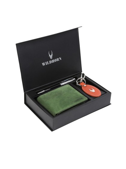 WildHorn Men Green & Red RFID Protected Genuine High Quality Leather Accessory Gift Set
