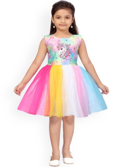 Aarika Girls Multicoloured Unicorn Printed Fit and Flare Dress