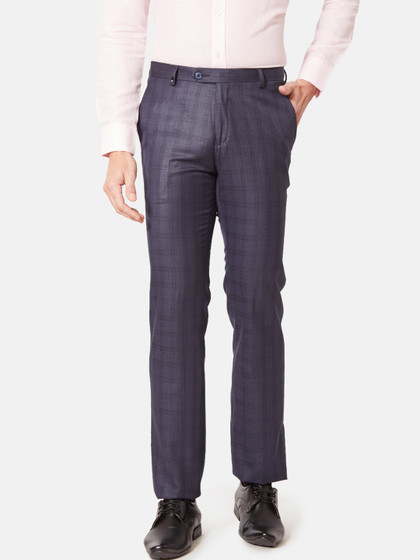 Oxemberg Men Navy Blue Checked Slim Fit Formal Trousers