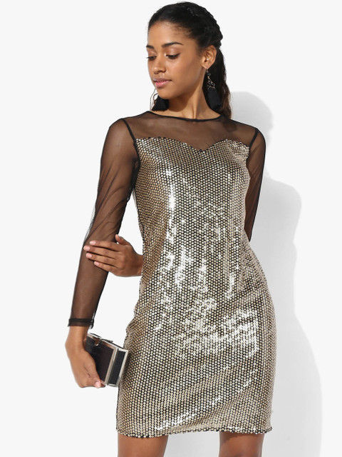 

DOROTHY PERKINS Women Golden & Black Sequinned Sheath Dress, Gold