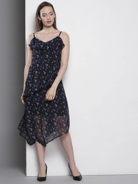 

Navy Blue Floral Print A-Line Dress