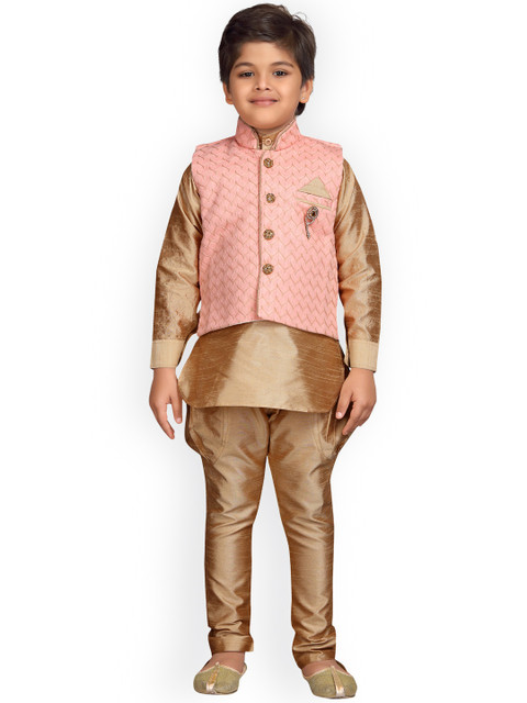 

Aj DEZInES Boys Peach-Coloured & Brown Solid Kurta with Pyjamas