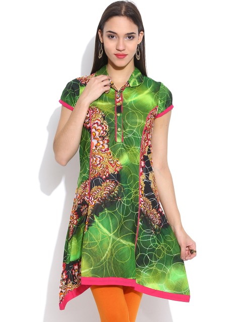 

Rain & Rainbow Green Printed A-Line Kurta