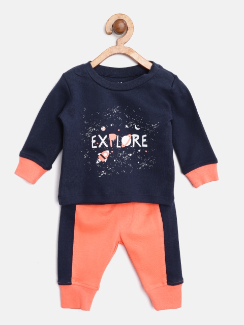 

Gini and Jony Girls Navy Blue & Coral Pink Printed T-shirt with Joggers